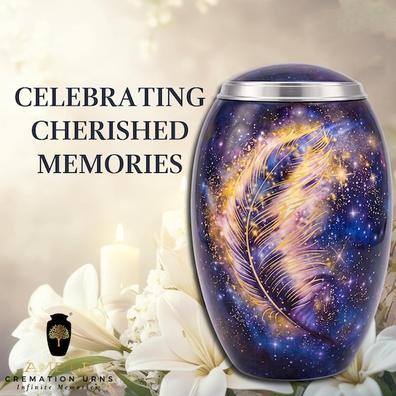 Galaxy Feather Cremation Urn for Human Ashes, Purple Blue Celestial Memorial with Golden Design