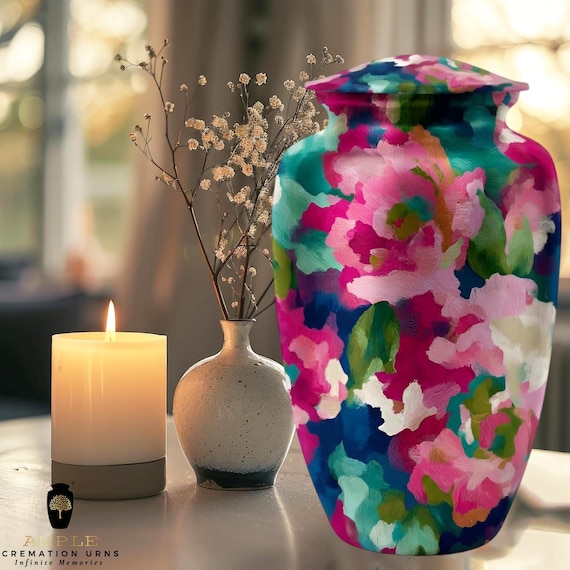 Artistic Floral Cremation Urn for Human Ashes - Pink Peony Impressionist Memorial -Funeral Urn & Shared Keepsakes - Graceful Bloom Tribute