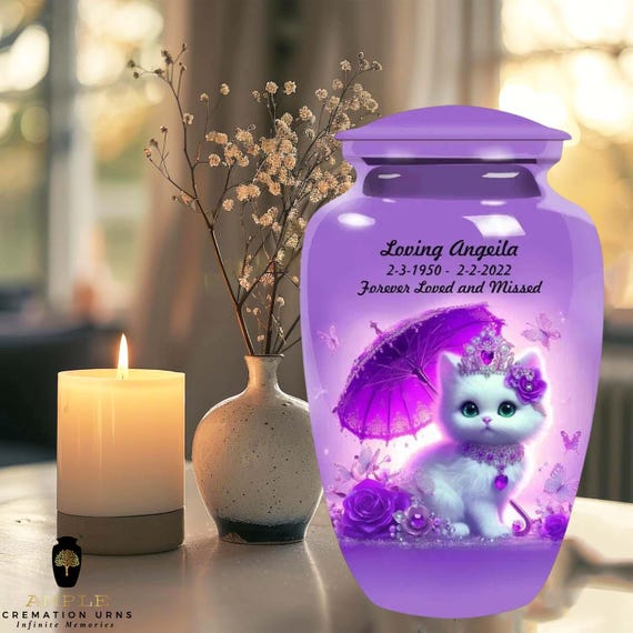 Purple Kitten Cremation Urn for Human Ashes - Personalized Cat Memorial with Tiara - Large Adult Funeral Urn & Shared Keepsakes for Family