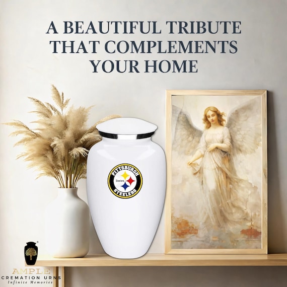Pittsburgh Steelers Cremation Urn, Football Fan Memorial, White Adult Ashes Keepsake Tribute