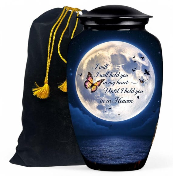I Will Hold You In My Heart Cremation Urn - Moonlight Butterfly Memorial - Large Adult Funeral Urn with Velvet Bag - Celestial Ocean Burial