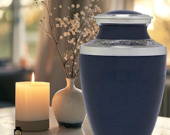 Midnight Blue Floral Cremation Urn for Human Ashes - Large Adult Memorial Urn - Funeral Tribute or Personalized Engraved Burial Keepsake