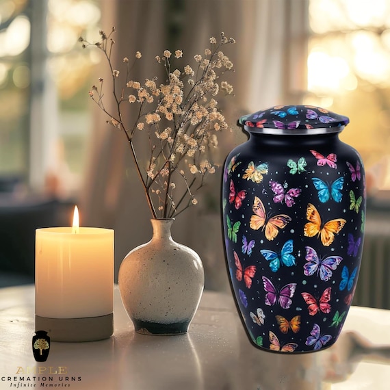 Vibrant Butterfly Cremation Urn for Human Ashes - Midnight Garden Memorial - Funeral Urn & Keepsake - Symbolic Rebirth and Transformation