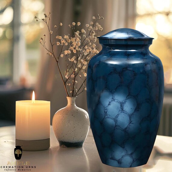 Midnight Blue Marble Cremation Urn for Human Ashes Adult Large – Elegant Memorial Urn, Funeral Tribute