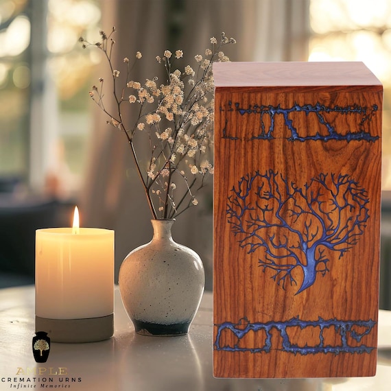 Handcrafted Wooden Cremation Urn with Green Leaf Inlay