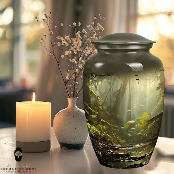 Jungle Rainforest Cremation Urn for Human Ashes - Tropical Nature Sanctuary Memorial - Large Adult Funeral Urn & Matching Small Keepsakes