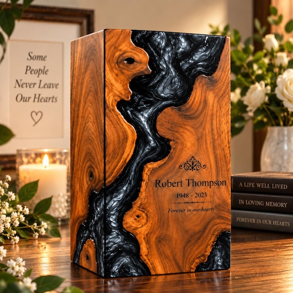 Personalized Wood Cremation Urn with Color Resin, Custom Memorial Box, Adult Ashes Keepsake