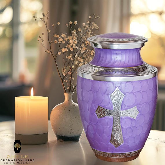 Purple Cremation Urn with Silver Cross – Adult Funeral Urn for Human Ashes, Metal Christian Memorial Urn, Handmade