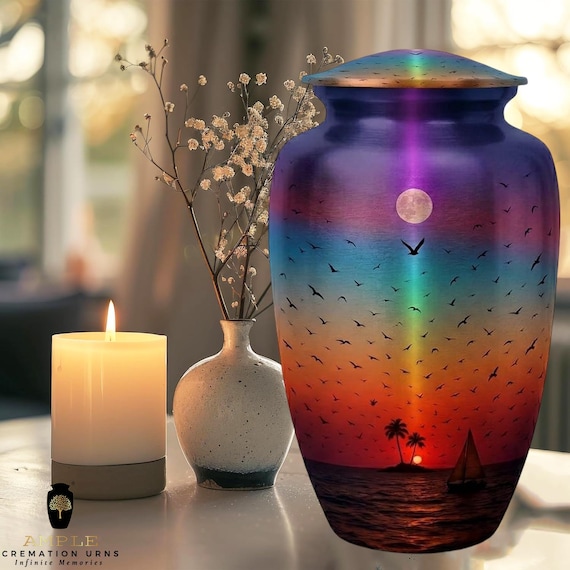 Tropical Sailboat Cremation Urn for Human Ashes - Moonlit Palm Tree Memorial - Funeral Urn & Shared Keepsakes - Serene Island Spirit Tribute