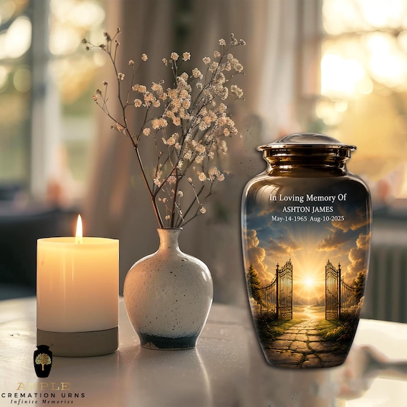 Heaven's Gate Cremation Urn for Human Ashes, Personalized Memorial Urn, Adult Funeral Urn, Aluminum Keepsake & Full Size
