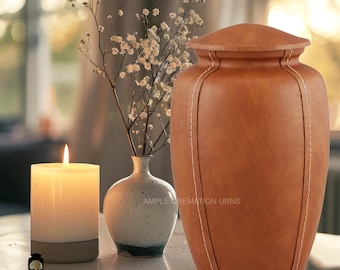 Elegant Leather-Wrapped Aluminum Cremation Urn - Large 220 cu in Capacity - Ample Cremation Urns (Brown)