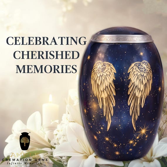 Angel Wings Cremation Urn for Human Ashes, Navy Blue Celestial Memorial with Golden Stars