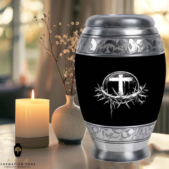 Christian Cross Cremation Urn for Human Ashes - Crown of Thorns Black Memorial Urn - Silver Engraved Large Adult Urn & Small Keepsake Sizes