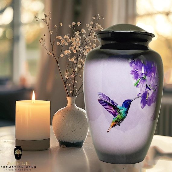 Hummingbird Aluminum Cremation Urn for Human Ashes | Purple Floral Adult Funeral Urn | Memorial Keepsake | Sympathy Gift