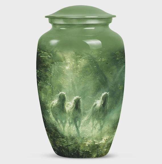 Running Horses Cremation Urn for Human Ashes - Enchanted Green Forest Memorial - Funeral Urn & Shared Keepsakes - Equestrian Spirit Tribute