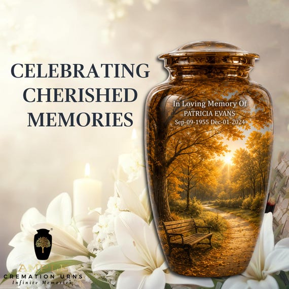 Personalized Cremation Urn for Human Ashes, Autumn Forest Memorial Urn, Custom Name & Dates, Celebration of Life Keepsake