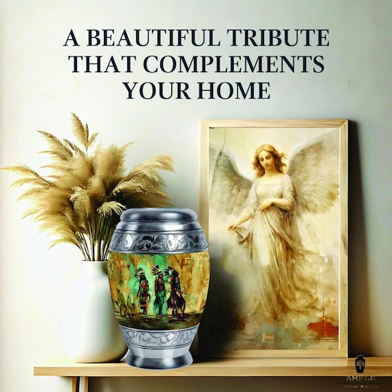 Tribal Cremation Urn for Human Ashes – Aluminum Memorial Urn with Native Inspired Warrior Design, Cultural Tribute Urn, Large Keepsake Sizes