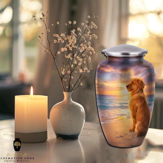 Golden Retriever Sunset Beach Cremation Urn for Human Ashes - Coastal Dog Memorial  Large Funeral Urn & Keepsake - Pet Lover Eternal Tribute