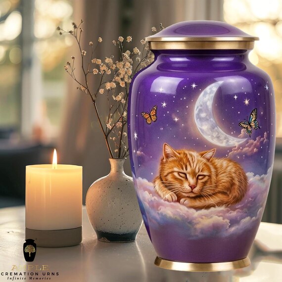 Ginger Cat Cremation Urn for Human Ashes - Sleeping Kitten on Moonlit Clouds Memorial - Funeral Urn - Purple Starry Sky Pet Lover Tribute