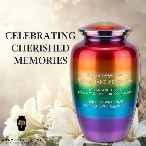 Personalized Rainbow Cremation Urn for Human Ashes, Multicolor Memorial with Custom Name, Dates and Message