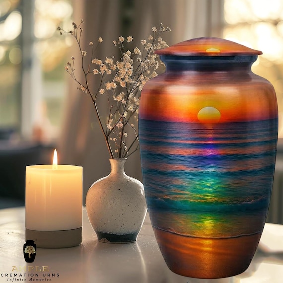 Ocean Beach Cremation Urn for Human Ashes - Vibrant Sunset Coastal Memorial - Funeral Urn & Shared Keepsakes - Serene Sea Spirit Tribute