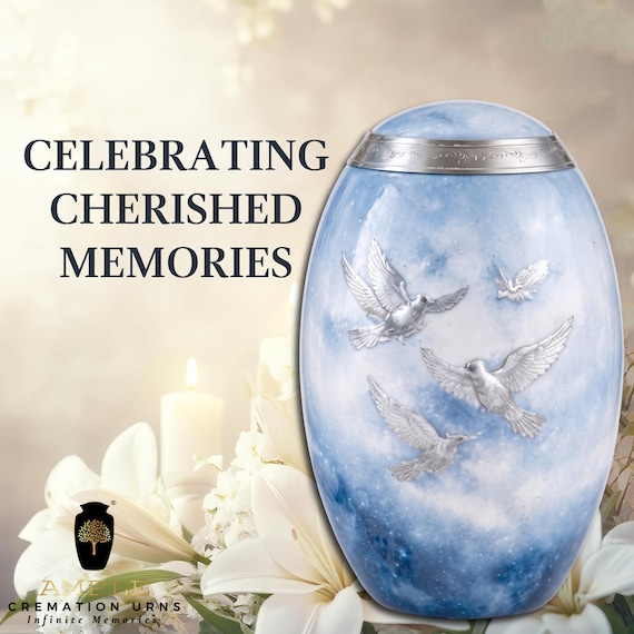 Flying Doves Cremation Urn for Human Ashes, Blue Cloud Memorial with Silver Tone Details