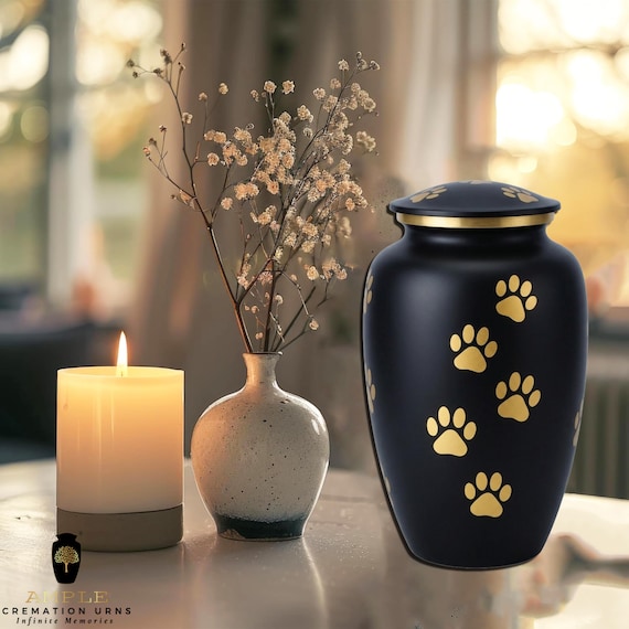 Golden Paw Prints Cremation Urn for Ashes - Matte Black Pet Memorial - Large Adult Funeral Urn & Keepsake - Loyal Companion Eternal Tribute