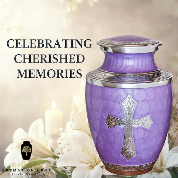 Purple Cross Cremation Urn for Human Ashes, Christian Memorial with Silver Tone Detailing