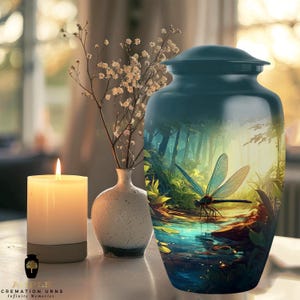 May include: A teal cremation urn with a forest and dragonfly design. A lit candle, a small vase with flowers, and the text "AMPLE CREMATION URNS INFINITE MEMORIES" are also in the image.