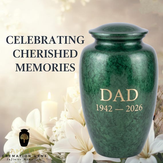 Personalized Dad Cremation Urn for Human Ashes, Green Marble Effect Father Memorial with Custom Dates and Gold Tone Lettering
