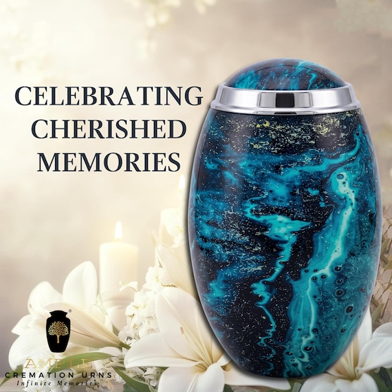 Teal Blue Cremation Urn, Abstract Marble Memorial, Modern Adult Ashes Keepsake, Ocean Inspired