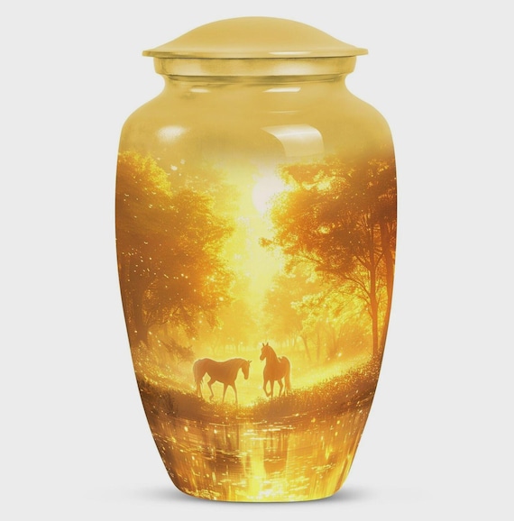 Golden Horse Cremation Urn for Human Ashes - Sunset Meadow Memorial - Large Adult Funeral Urn & Shared Keepsakes - Equestrian Spirit Tribute