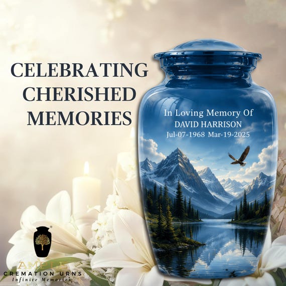 Personalized Eagle Cremation Urn for Human Ashes, Mountain Memorial Urn for Men, Custom Name Dates, Adult Funeral Keepsake