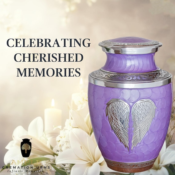 Purple Angel Wings Cremation Urn for Human Ashes, Lavender Memorial with Silver Tone Details
