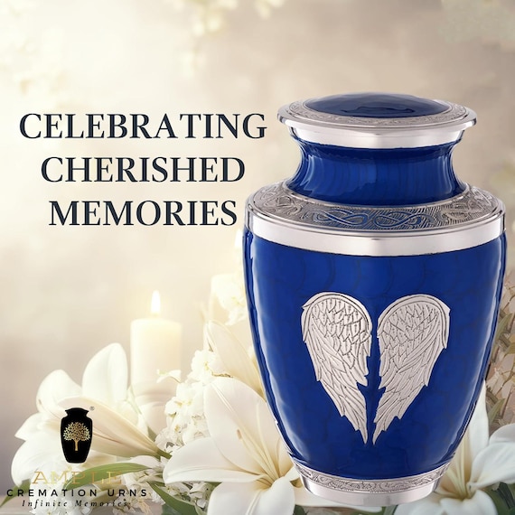 Royal Blue Angel Wings Cremation Urn for Human Ashes, Silver Tone Memorial
