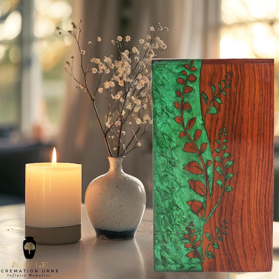 Handcrafted Wood Cremation Urn with Green Leaf Inlay