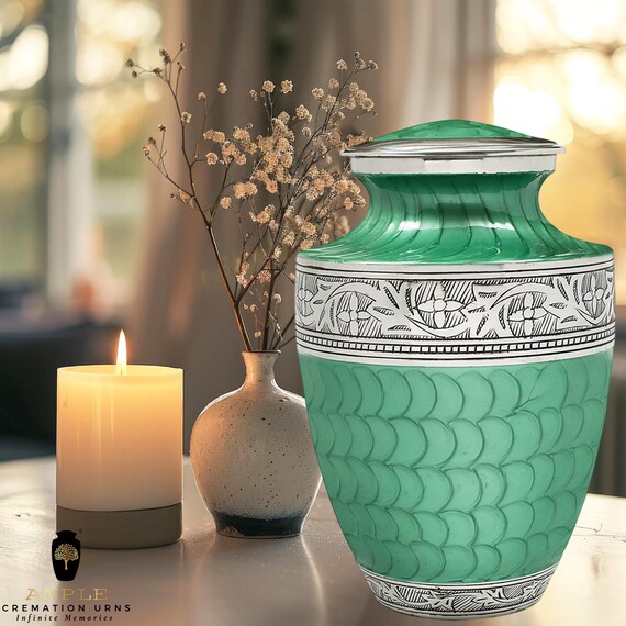 Elegant Adult Cremation Urn – Green Aluminum Memorial, Engravable