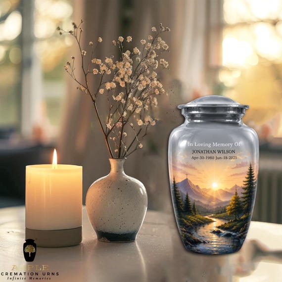 Mountain Sunrise Cremation Urn for Human Ashes, Personalized Memorial Urn, Adult Funeral Urn, Aluminum Keepsake & Full Size