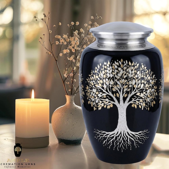 Tree of Life Cremation Urn for Human Ashes Black Enamel with Gold & Silver Engraving Funeral Urn  Shared Keepsakes Eternal Heritage Tribute
