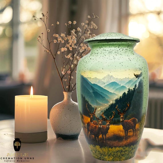 Deer Scene Cremation Urn: Elegant Aluminum, Engravable Memorial Urn