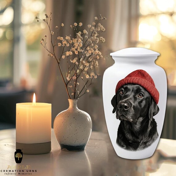 Black Labrador Retriever Cremation Urn for Human Ashes - Dog Memorial with Red Beanie - Large Funeral Urn & Keepsake - Pet Lover Tribute