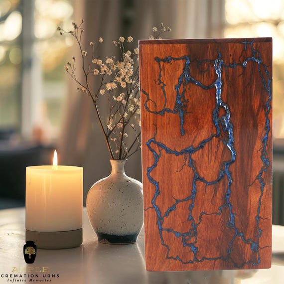 Handcrafted Wooden Cremation Urn with Blue Epoxy Inlay