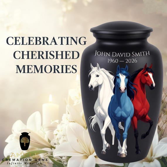 Personalized Horse Cremation Urn for Human Ashes, Black Equestrian Memorial with Red White and Blue Horses, Custom Name and Dates