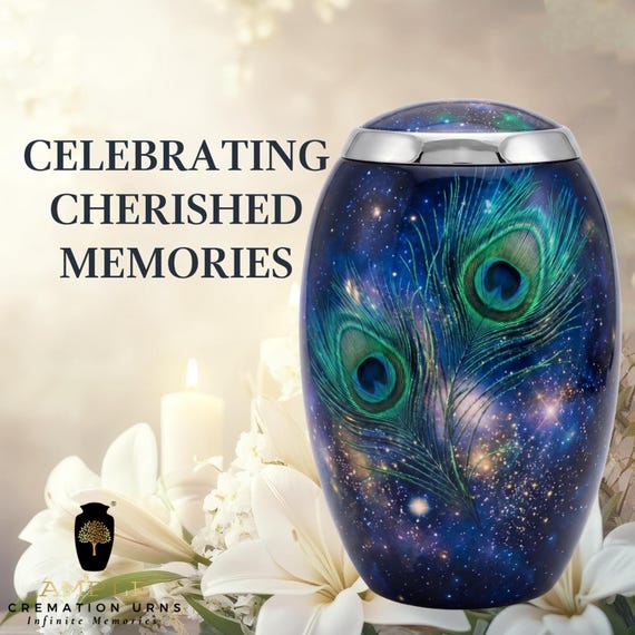 Peacock Feather Cremation Urn for Human Ashes, Blue and Green Galaxy Design, Celestial Memorial with Silver Tone Rim