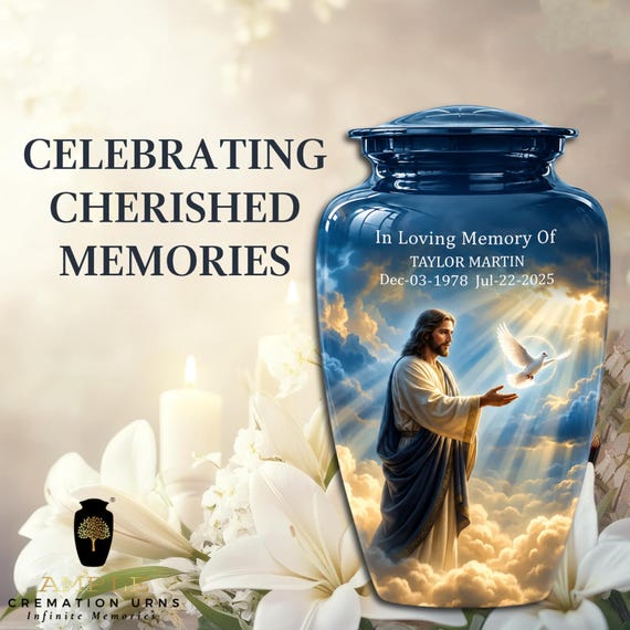 Personalized Jesus Cremation Urn for Human Ashes, Christian Memorial Urn with Dove, Custom Name & Dates, Adult Funeral Keepsake