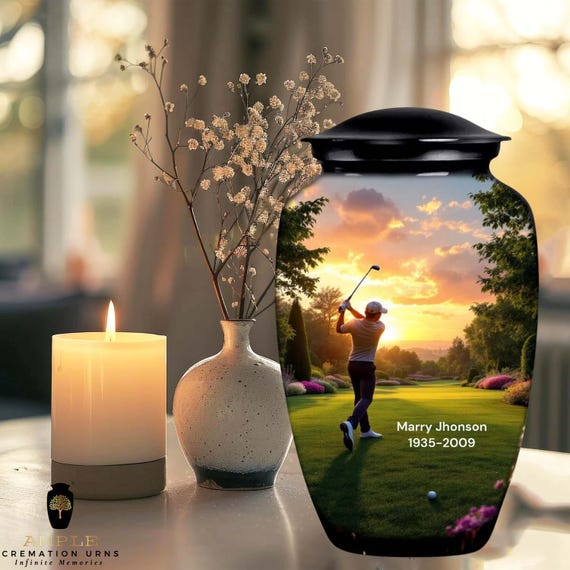Golf Cremation Urn for Human Ashes - Golfer Memorial Urn - Large Adult Funeral Urn & Small Keepsakes - Sunset Fairway Sports Tribute