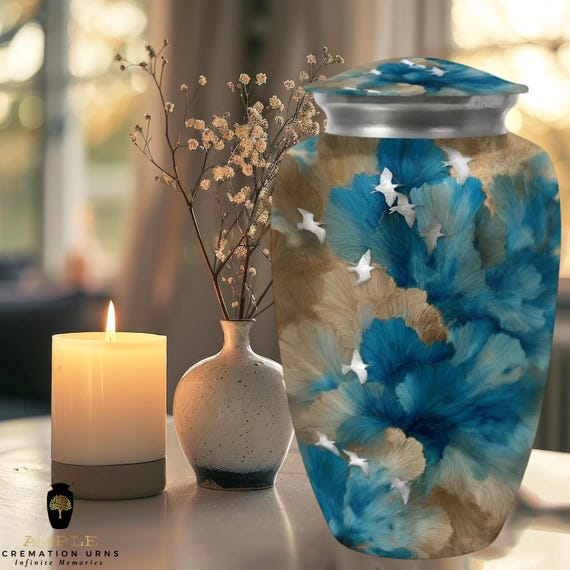 Bird Cremation Urn for Human Ashes – Floral Sky Memorial Urn, Aluminum Adult & Keepsake Sizes, Engraving Available, Peaceful Funeral Urn