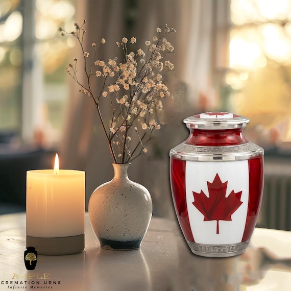 Canada Flag Cremation Urn for Human Ashes Adult Memorial Funeral Urn with Maple Leaf Design Decorative Metal Keepsake Memorial