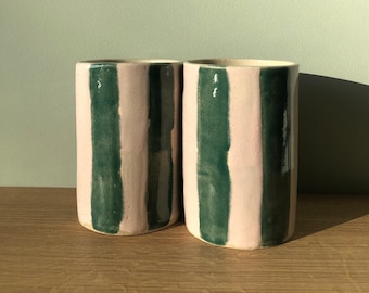 Striped Ceramic Tumbler | Made to Order | Ceramic Cups | Pink & Green | Emerald Green | Pink | Handmade Cup | Unique Gift