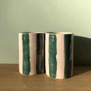 Striped Ceramic Tumbler Made to Order Ceramic Cups Pink & Green Emerald Green Pink Handmade Cup Unique Gift image 1